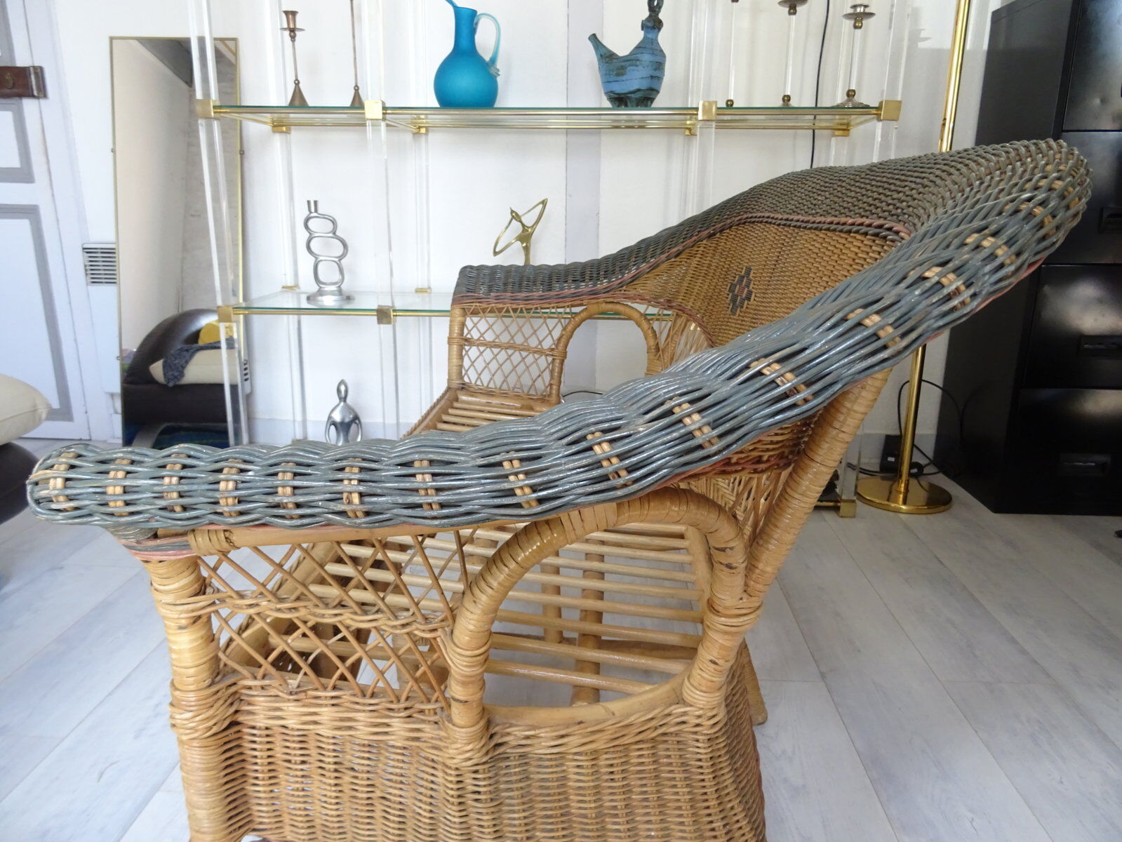 Vintage rattan lounge: one bench, two armchairs