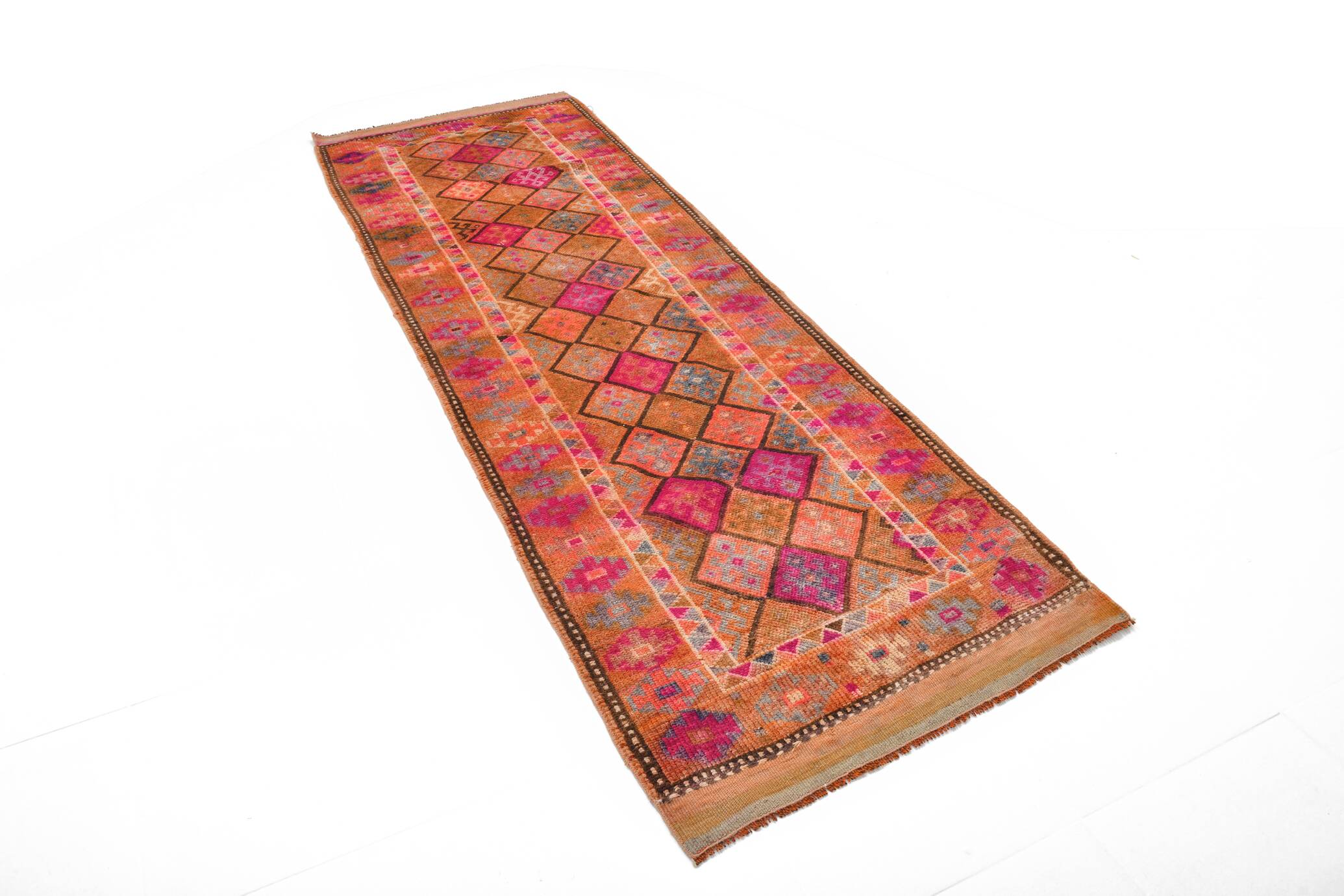 Long Tapis Couloir Vintage Orange et Fuchsia à Motifs Géométriques,91x278Cm