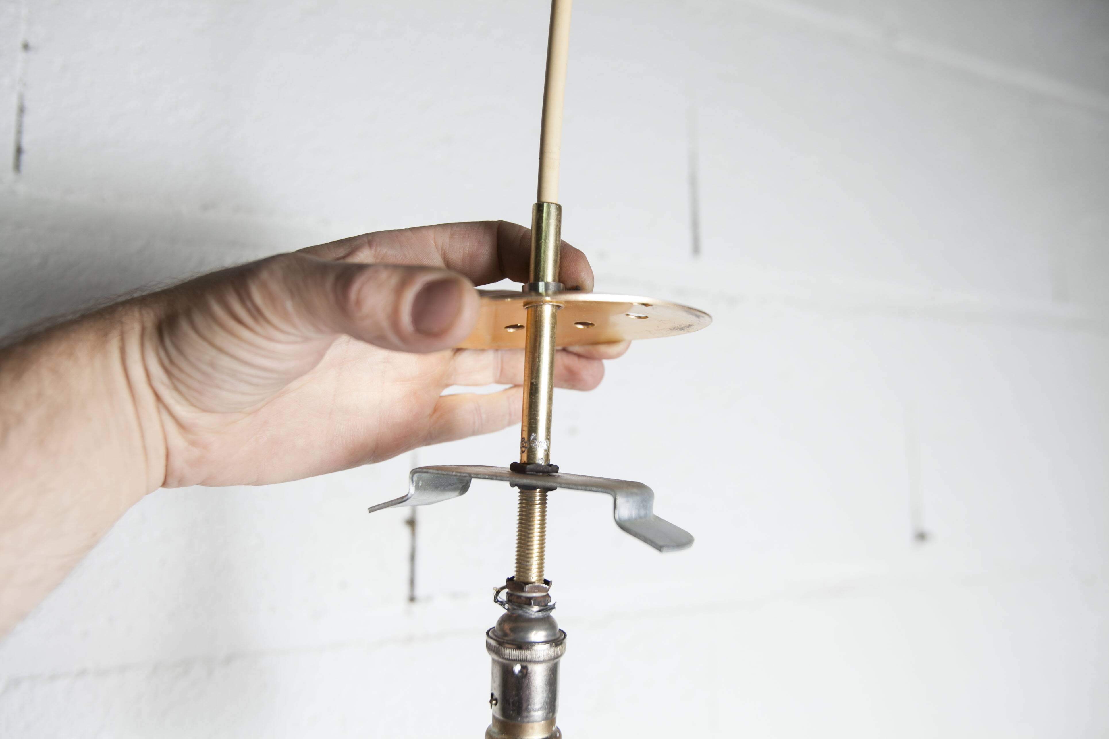 1960s Holophane Ball Pendant Chandelier, Thick Glass, 30 cm, and Vintage Brass