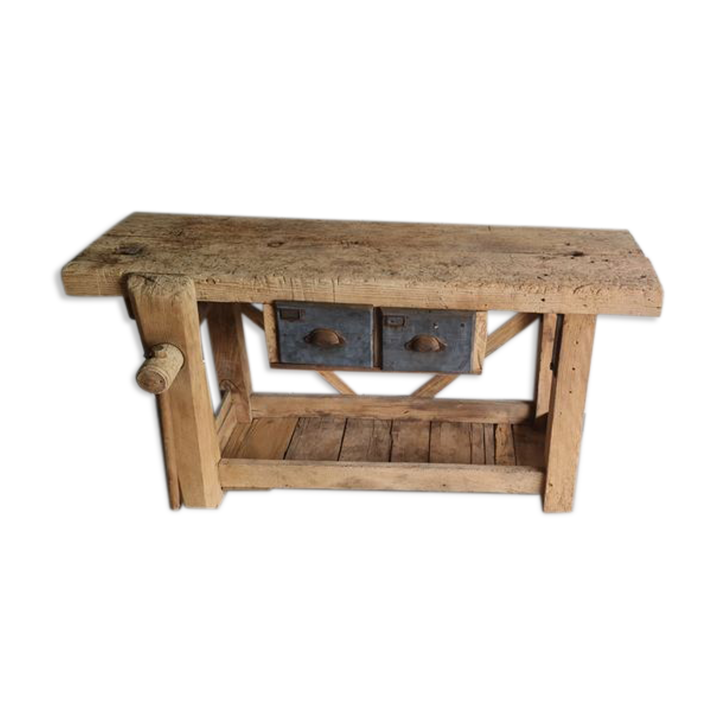 Old carpenter's workbench two drawers, industrial furniture