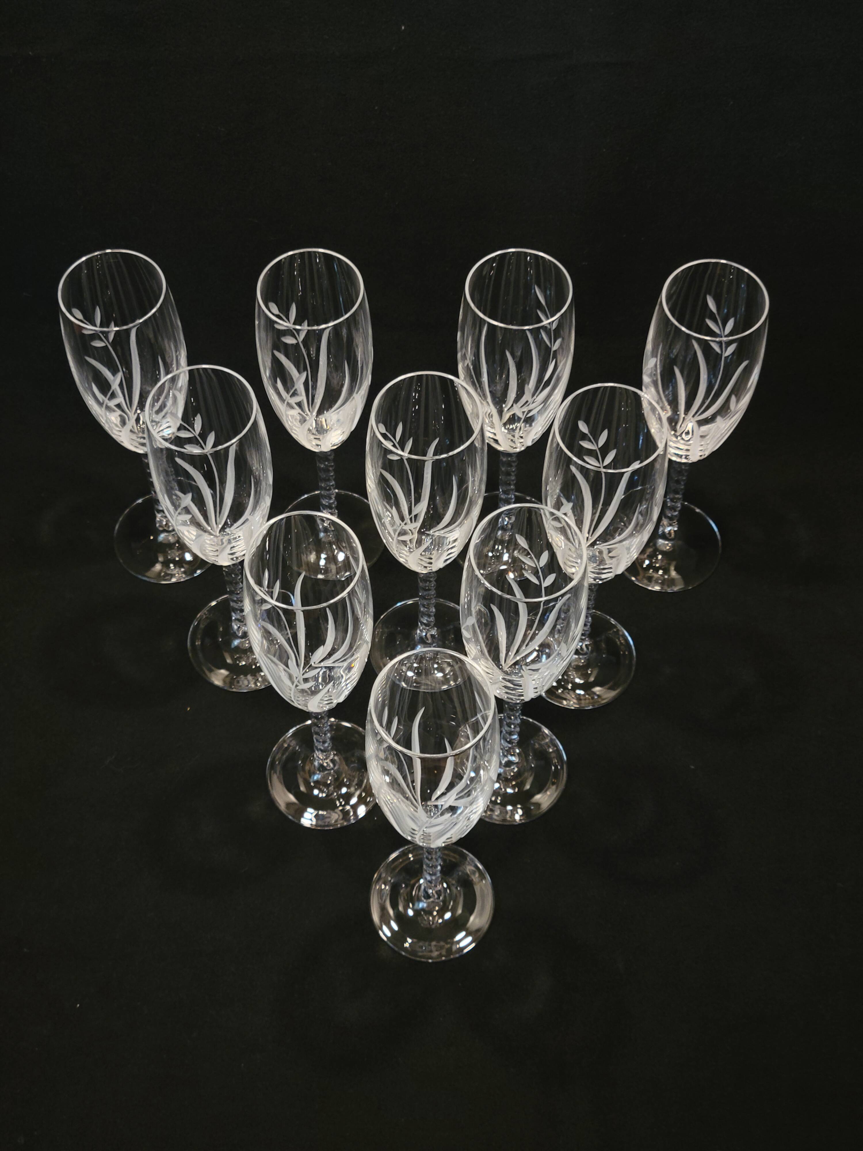 10 Arques Crystal Champagne Flutes, Fleury Cut Flamépis Pattern