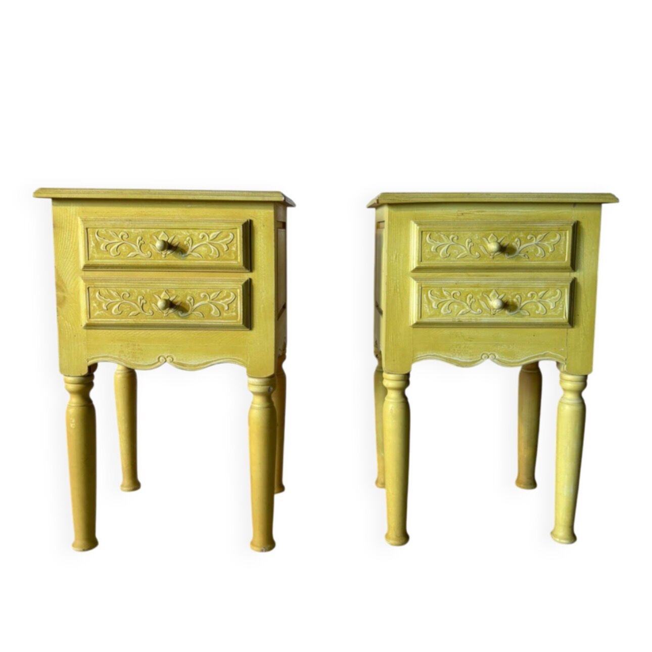 Pair of vintage carved wooden bedside tables.