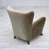 1960s, Danish armchair, green furniture velour, oak wood legs.