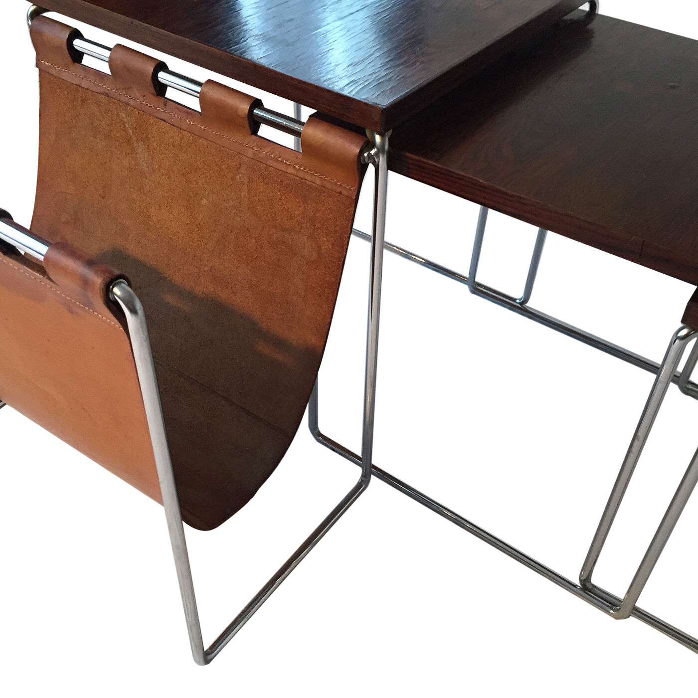 Brabantia rosewood tables with leather magazine holder 1960