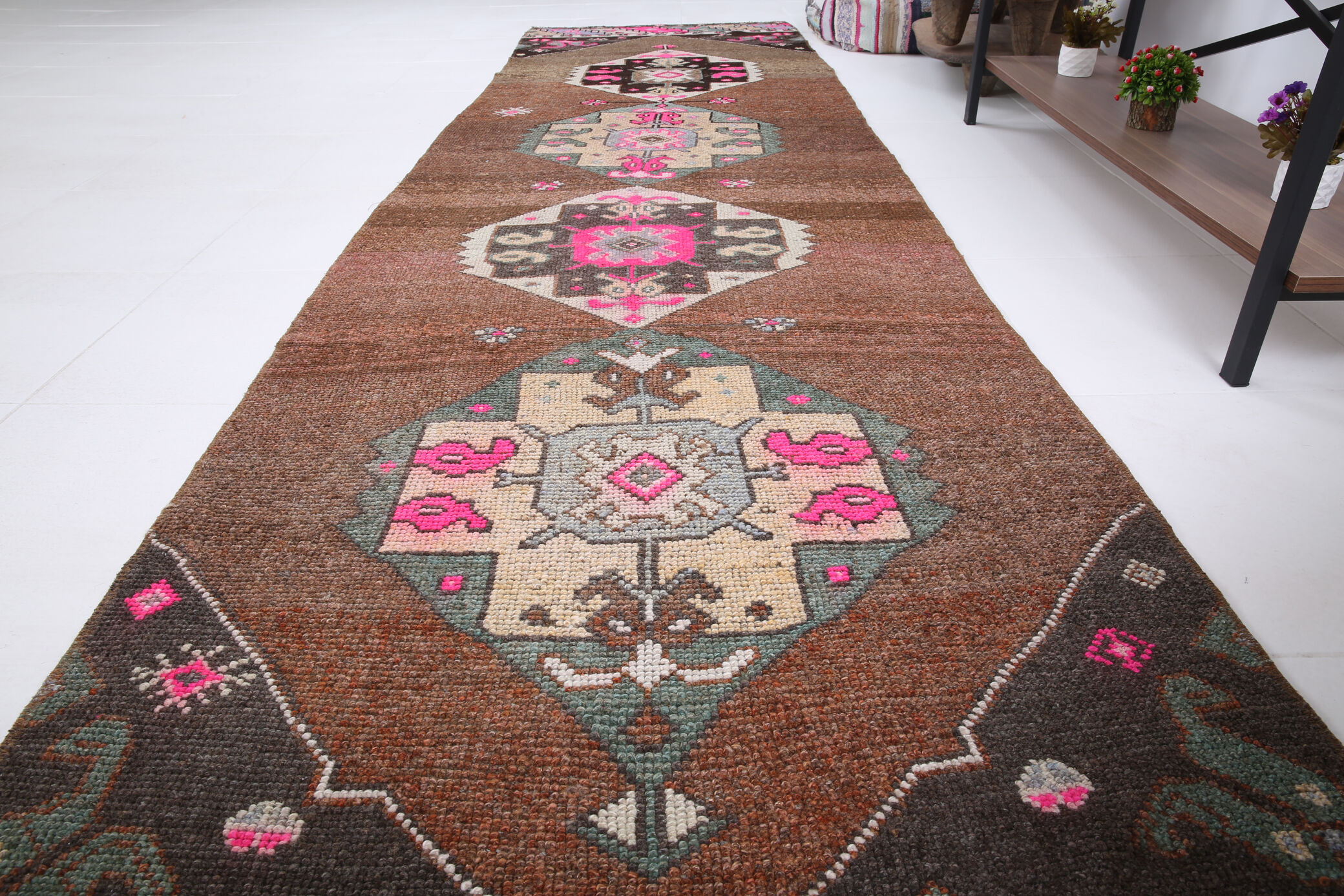 Geometric brown oushak runner rug, 97x326cm