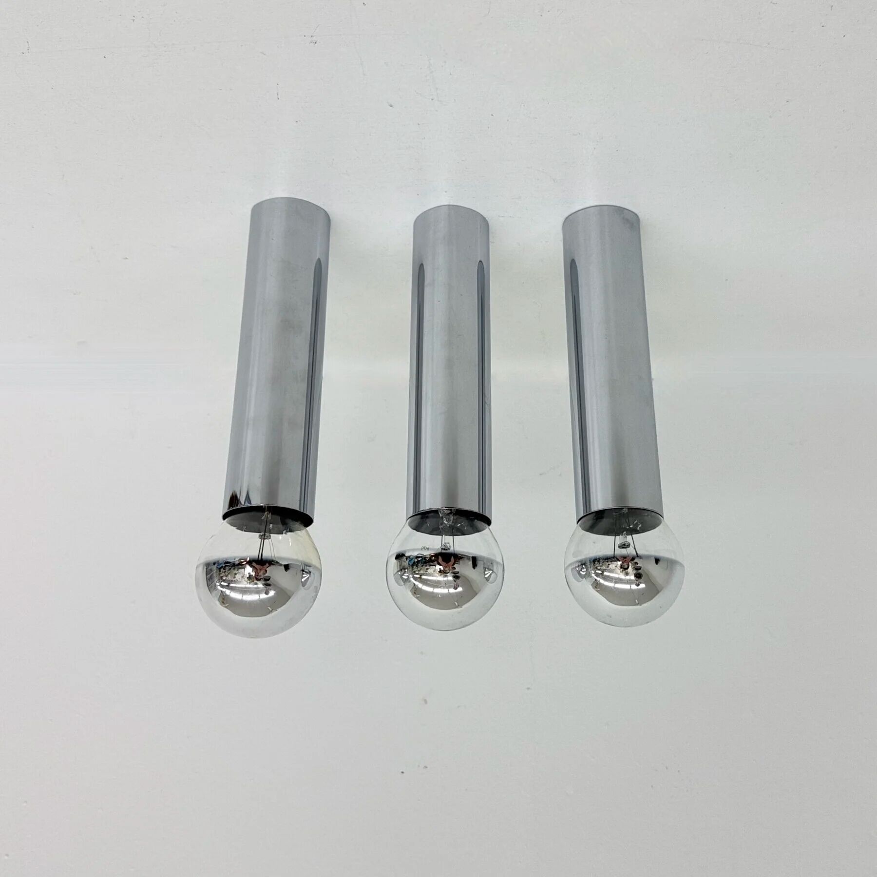 Set of 3 minimalist chrome tube ceiling / wall lamps, 1970s