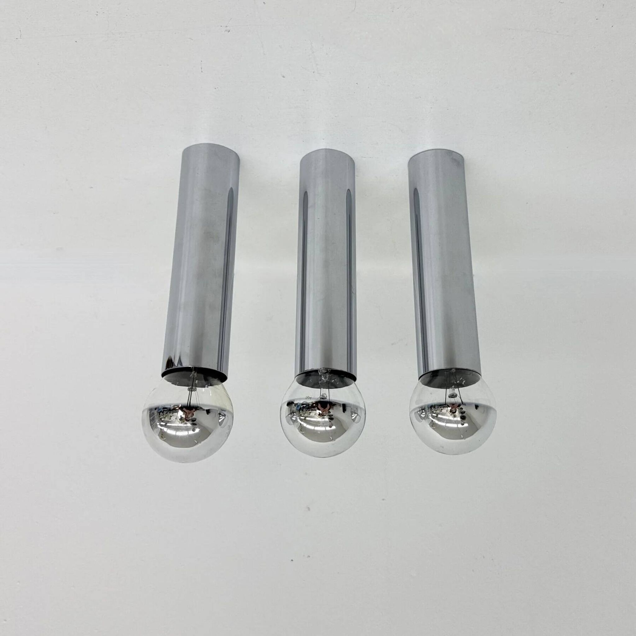 Set of 3 minimalist chrome tube ceiling / wall lamps, 1970s