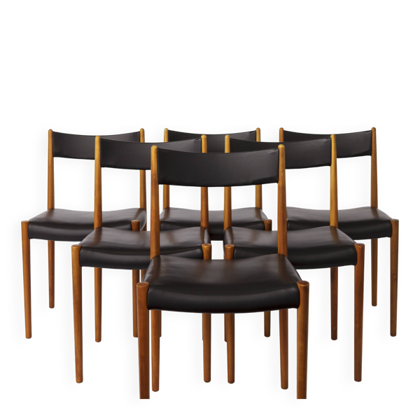 6 chaises de salle à manger vintage allemandes par Lübke, années 1970, en bois de hêtre et simili cuir.