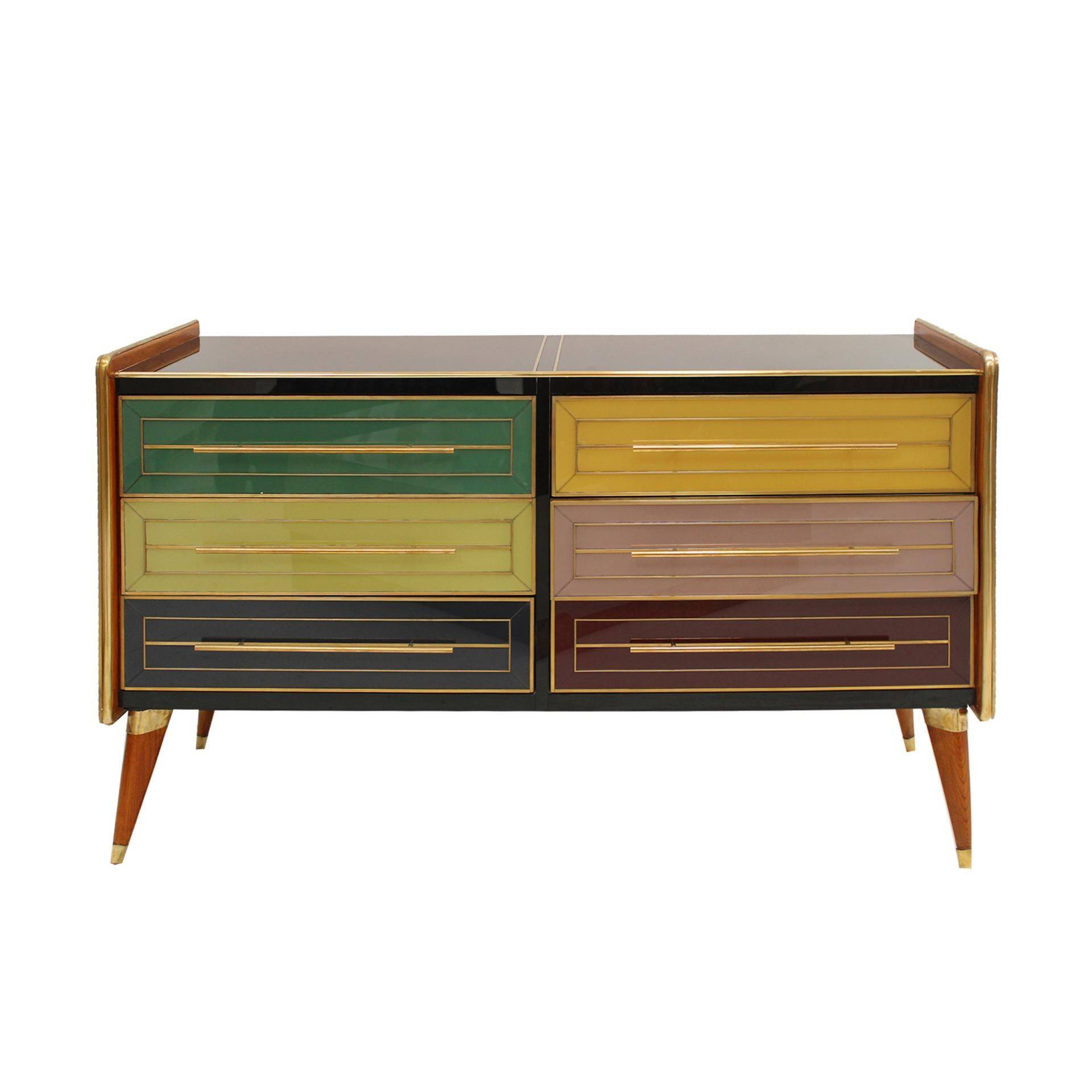 Italain Sideboard Made Of Solid Wood And Covered With Colored Glass 1950S