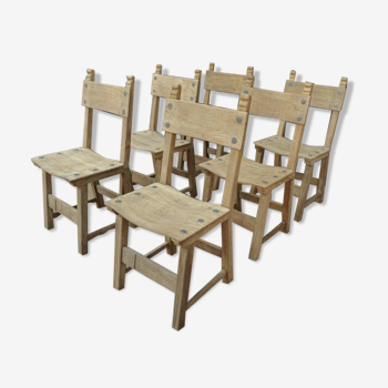 Set of 6 old solid oak chairs 1950