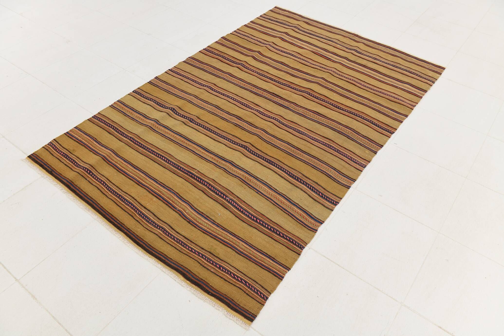 4x7 Bronze & Red Striped Handmade Vintage Kilim Rug, 130x218Cm