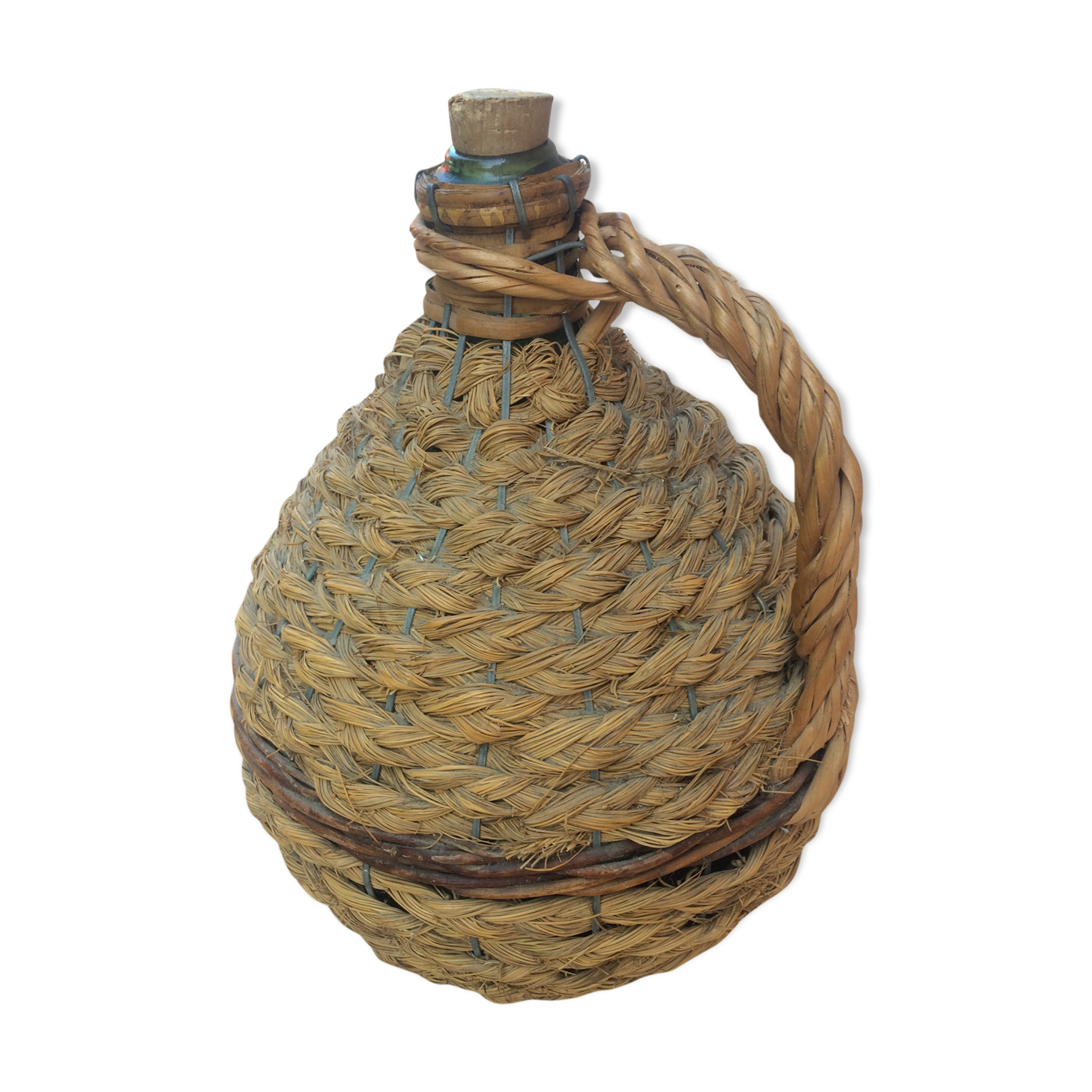 Demijohn in green blown glass, surrounded by natural rope years 50
