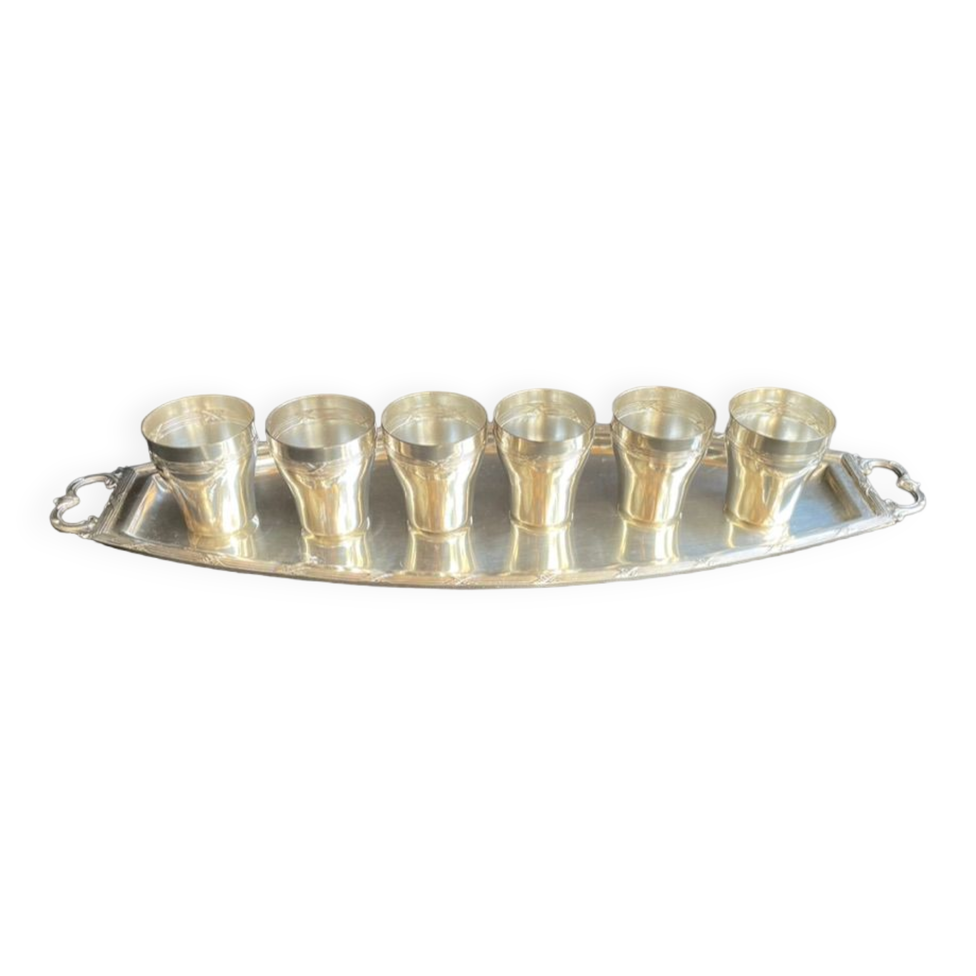 6 shot glasses on tray with handles – Silver metal -Louis XVI style