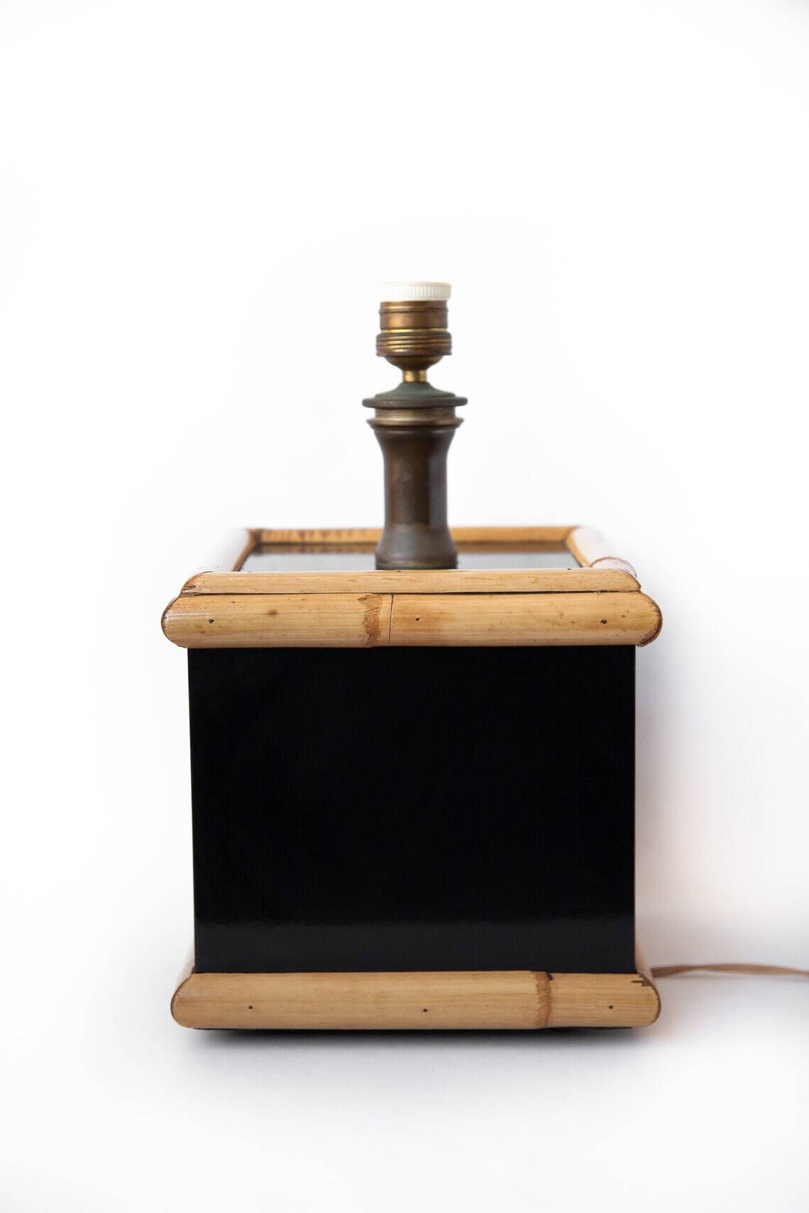 Tommaso Barbi style lamp, table lamp, living room lamp, black lacquered and bamboo square foot lamp