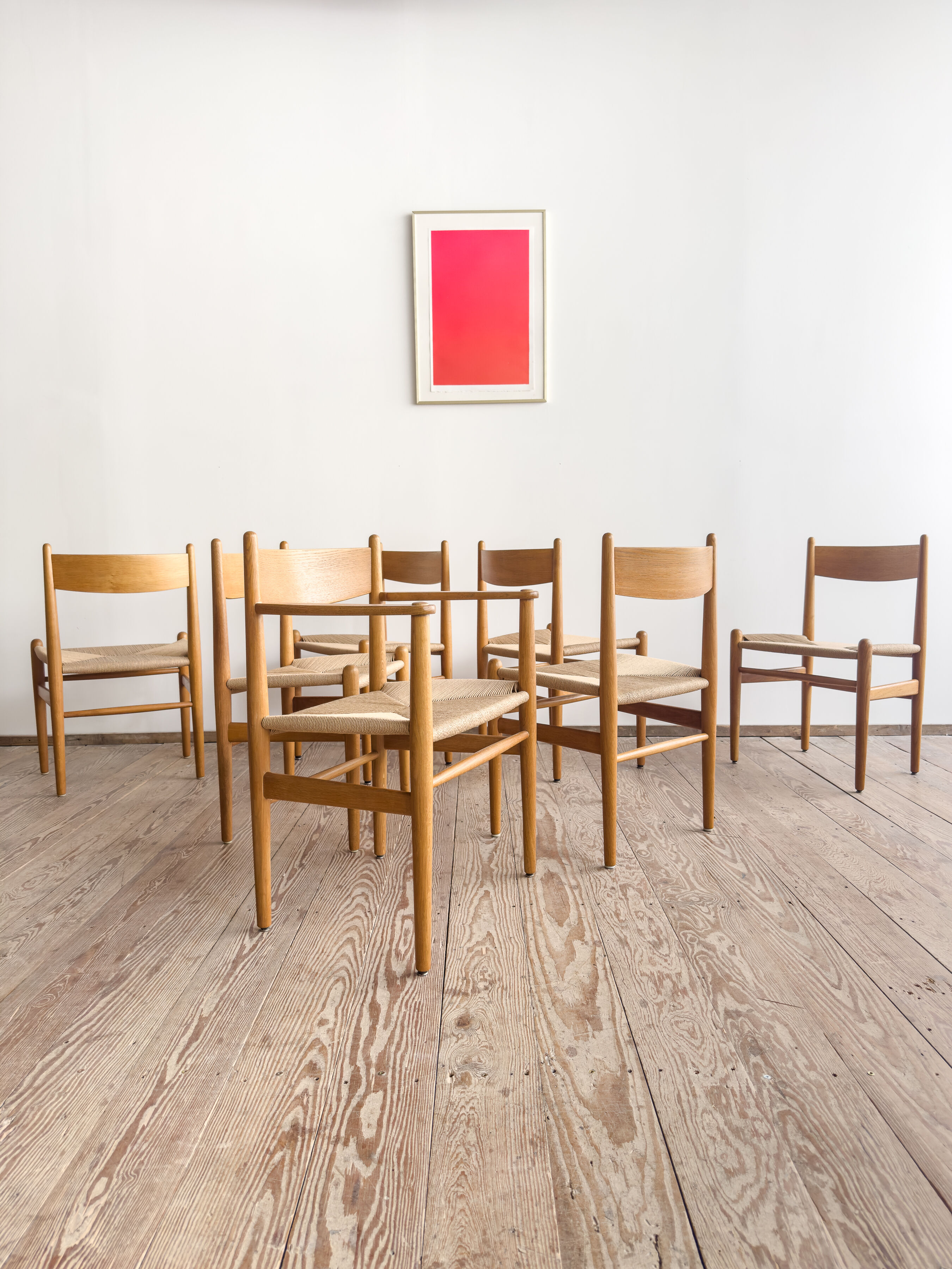 Ensemble de 6 chaises CH36 + 1 fauteuil CH37 de Hans J. Wegner en chêne