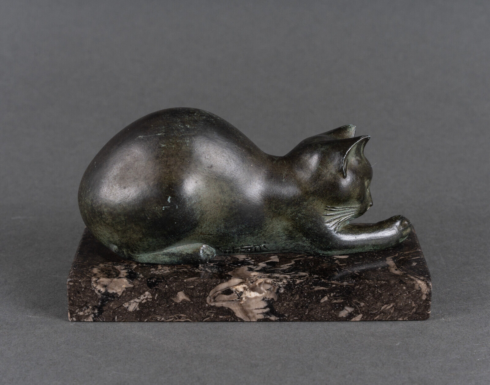 Art deco cat in regule by m. font green patina 1930 marble base