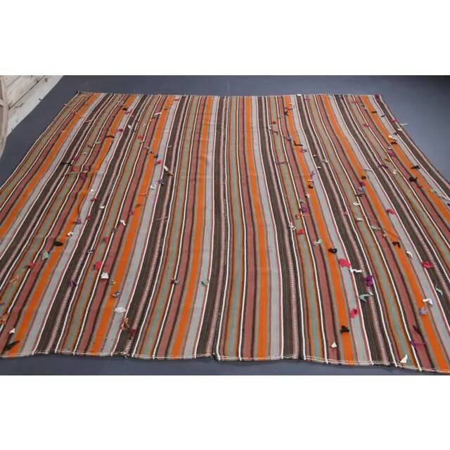 Vintage Turkish Hand-Knotted Wool Cotton Orange Kilim Rug 252x280