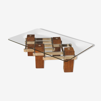 Italian design coffee table in wood, metal and crystal