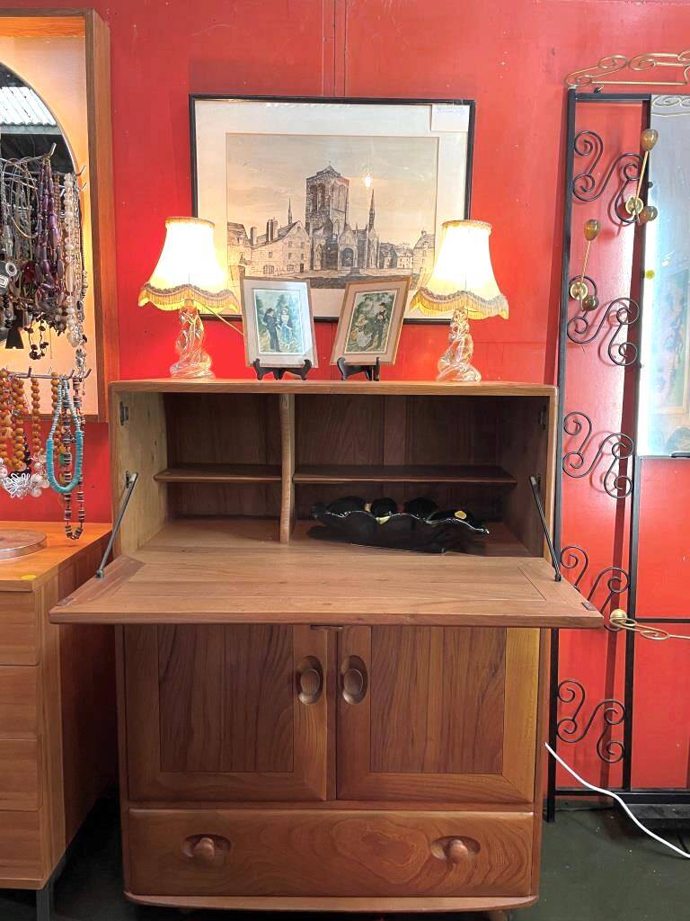 Ercol English wooden secretary, on wheels – 1970s.