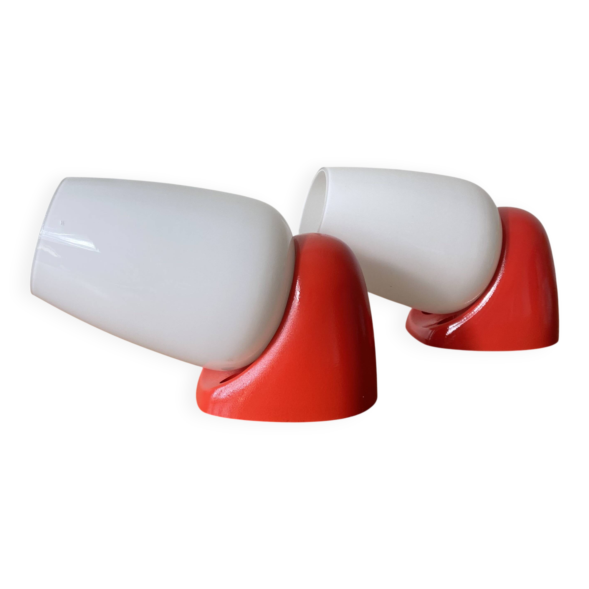 Pair of vintage wall lights in plastic and white opaline glass.