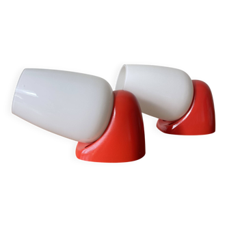 Pair of vintage wall lights in plastic and white opaline glass.