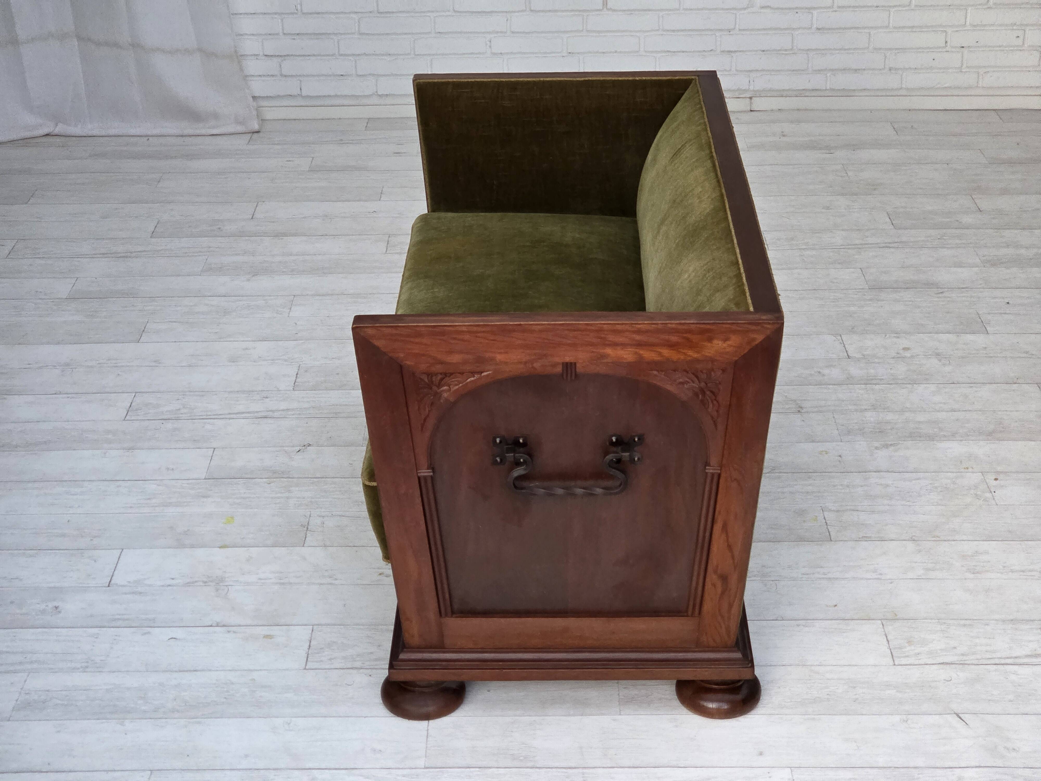 1950s, Danish 2-seater sofa, original green furniture velour, oak wood.