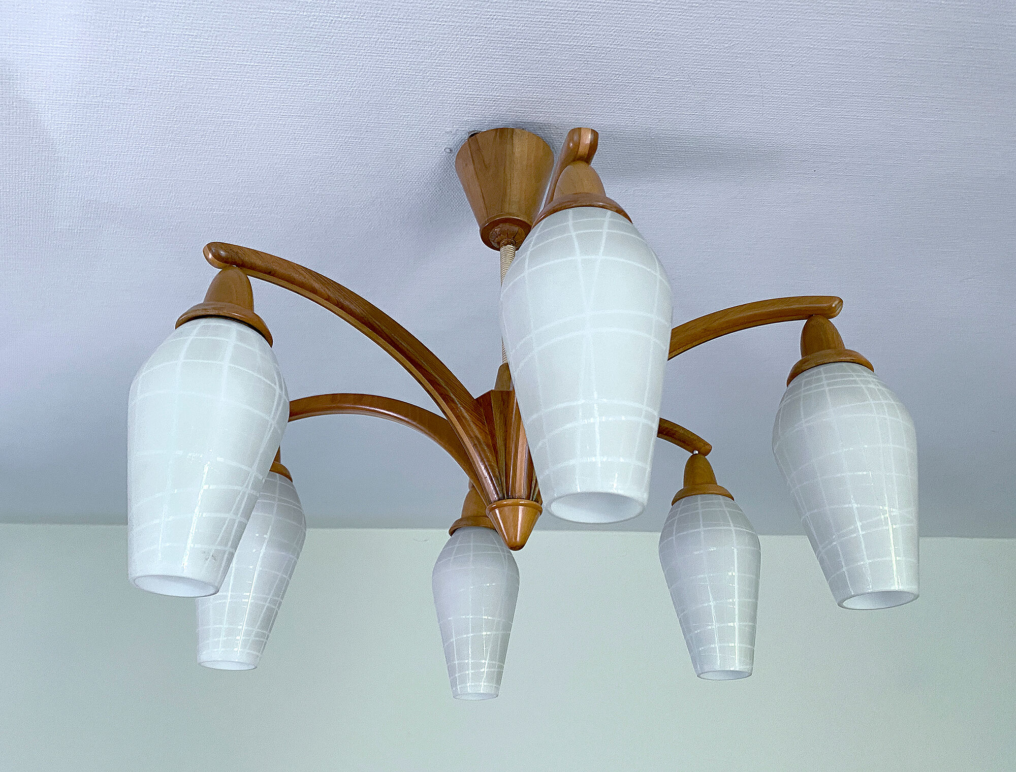 Vintage Pendant Lamp Scandinavian Temde, Wood and Opal Glass, 60s