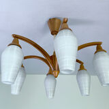 Vintage Pendant Lamp Scandinavian Temde, Wood and Opal Glass, 60s