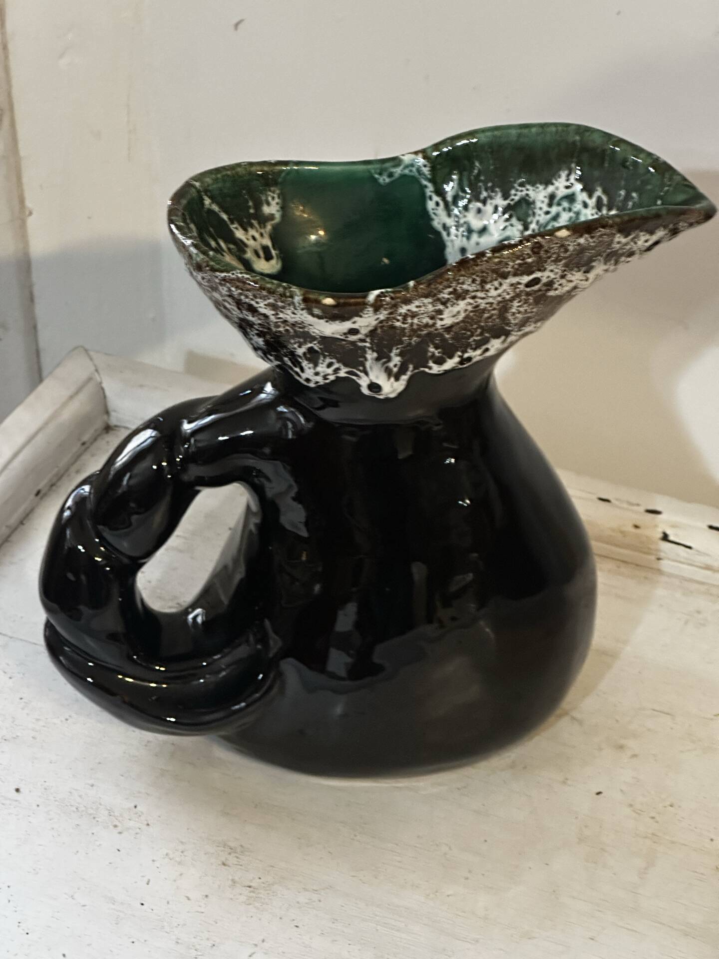 Sculptural pitcher Vallauris in glazed ceramic green and brown, France