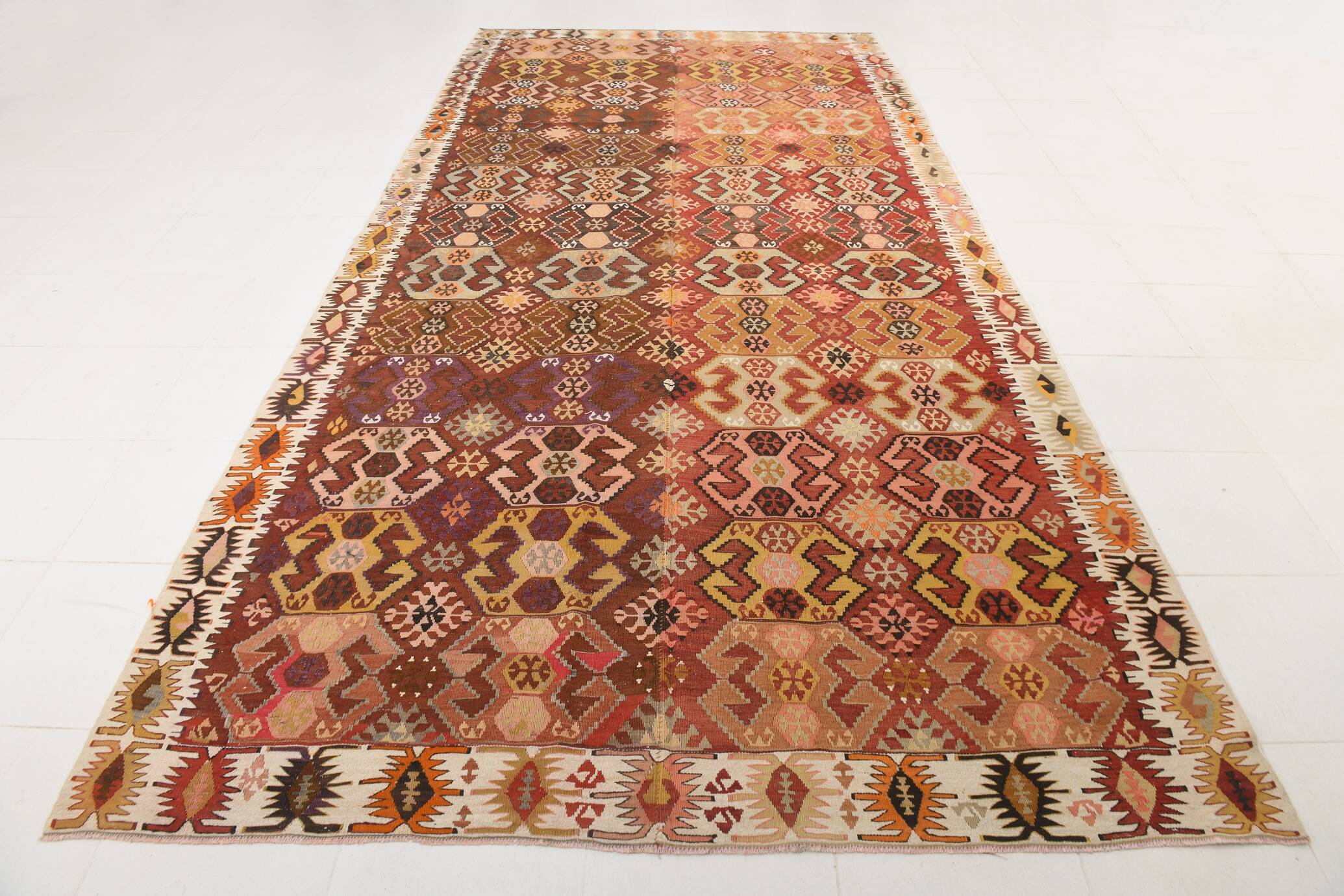 Tapis Kilim couleur terre cuite 212x438Cm, tapis en laine tissé à la main, tapis Oushak