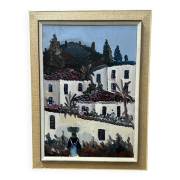Original Swedish Oil on Canvas – "Buildings" by Erik Lo – Vintage and Framed – 59 × 79 cm (23 × 31 inches)
