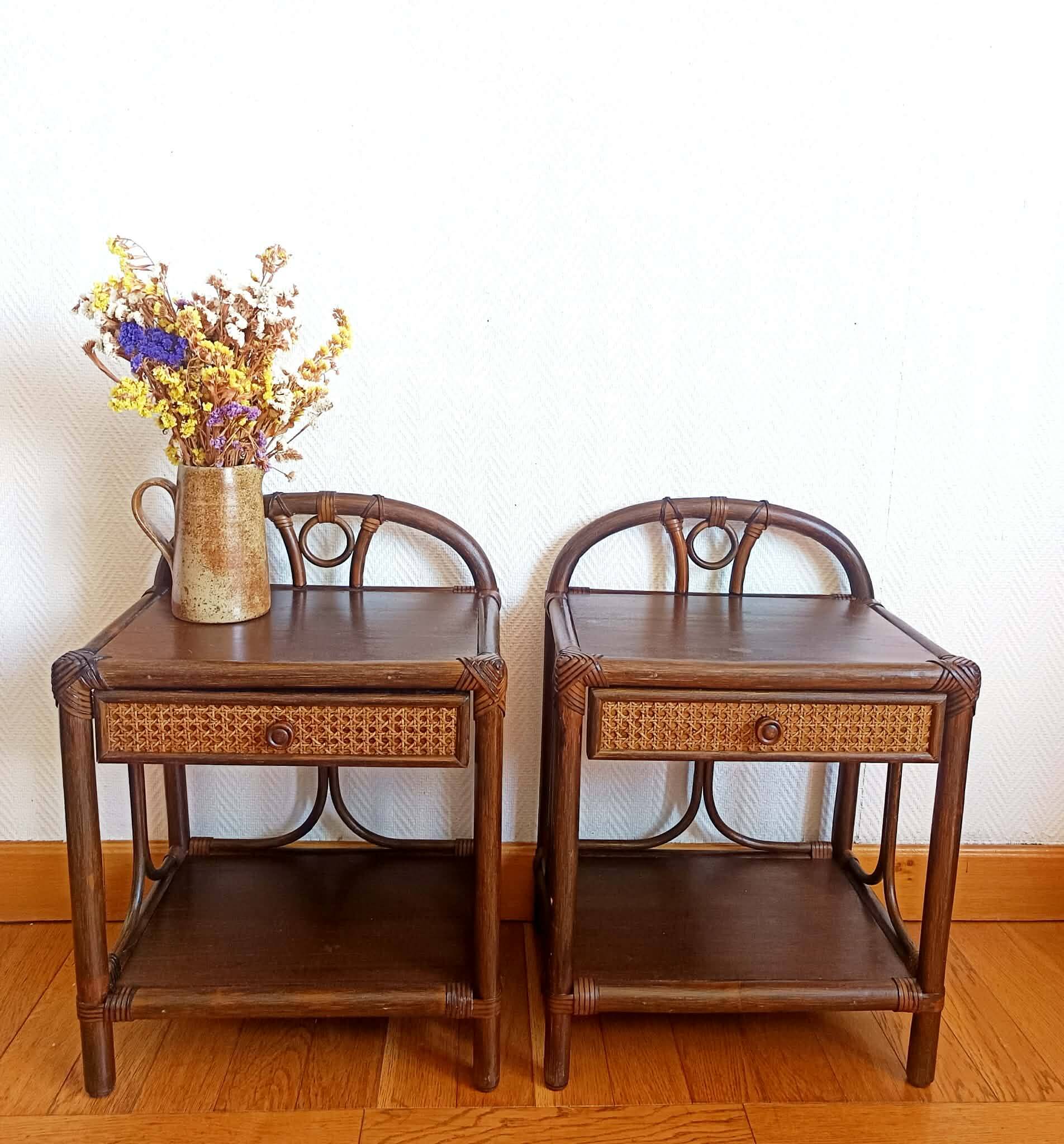 Pair of vintage 1960s rattan bedside tables