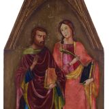 Peinture à la détrempe ancienne sur panneau avec des saints, 19ème siècle