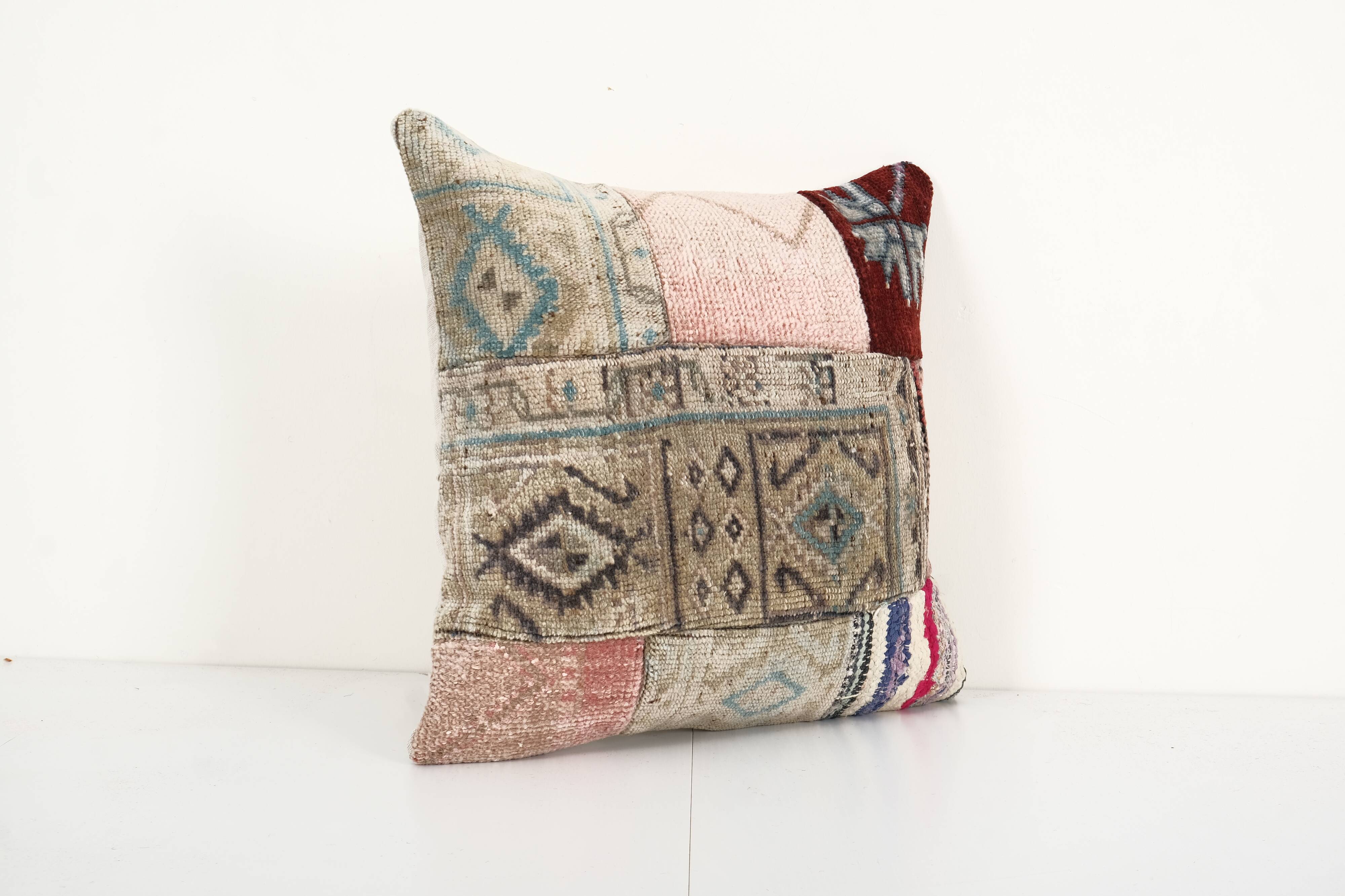 Square Patchwork Kilim Rug Lumbar Pillow Cover, Vintage Wool Kelim Cushion, Tribal Farmohuse Decor