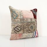 Square Patchwork Kilim Rug Lumbar Pillow Cover, Vintage Wool Kelim Cushion, Tribal Farmohuse Decor