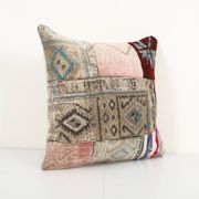 Square Patchwork Kilim Rug Lumbar Pillow Cover, Vintage Wool Kelim Cushion, Tribal Farmohuse Decor