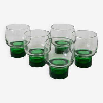 Set of 5 small designer wine glasses with green feet, 1970