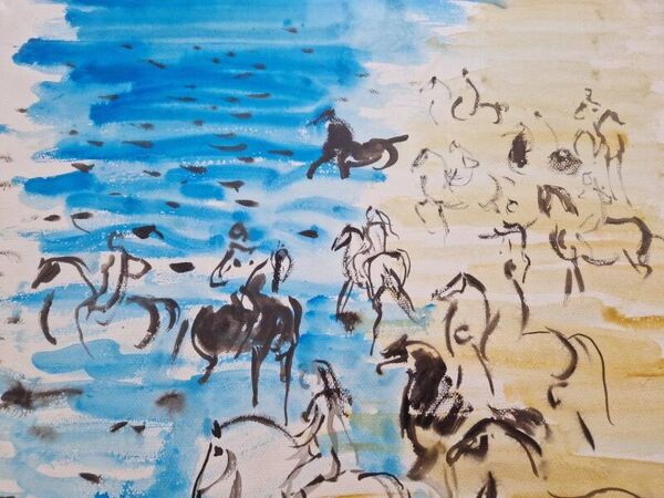 Hassan El Glaoui (1924-2018) - Aquarelle sur papier  ''Cavaliers sur la plage'' - Signée