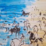 Hassan El Glaoui (1924-2018) - Watercolor on paper "Riders on the beach" - Signed
