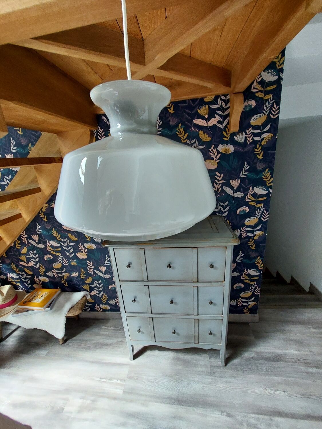 Vintage powdery grey opaline pendant lamp