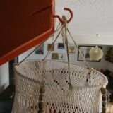 Large vintage macramé pendant lamp in cotton thread and wool, 120 cm.