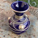 Vase and small teapot in cobalt blue enameled ceramic with artisanal and oriental pewter inserts