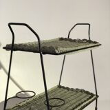 Vintage rolling table from 1960 - green rattan and black tubular metal