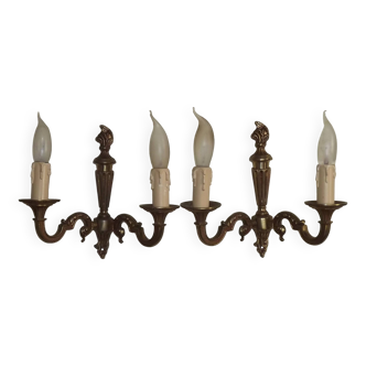 Pair French Vintage Bronze Double Empire Wall Lights Flame Detail 5160