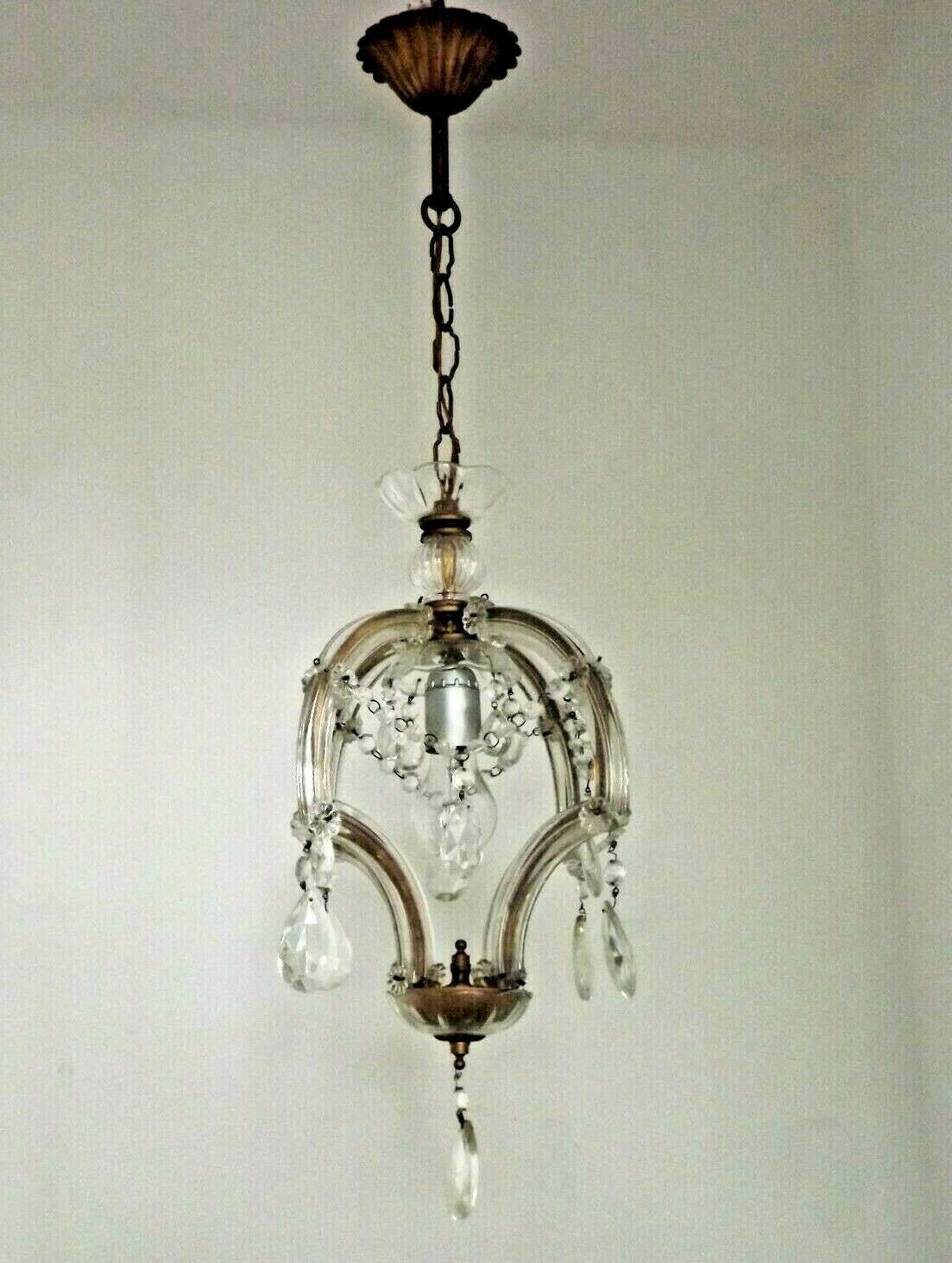 French vintage single light metal glass & acrylic crystal cage chandelier 3152