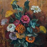 Oil on panel by Picquet still life bouquet of flowers 20th century