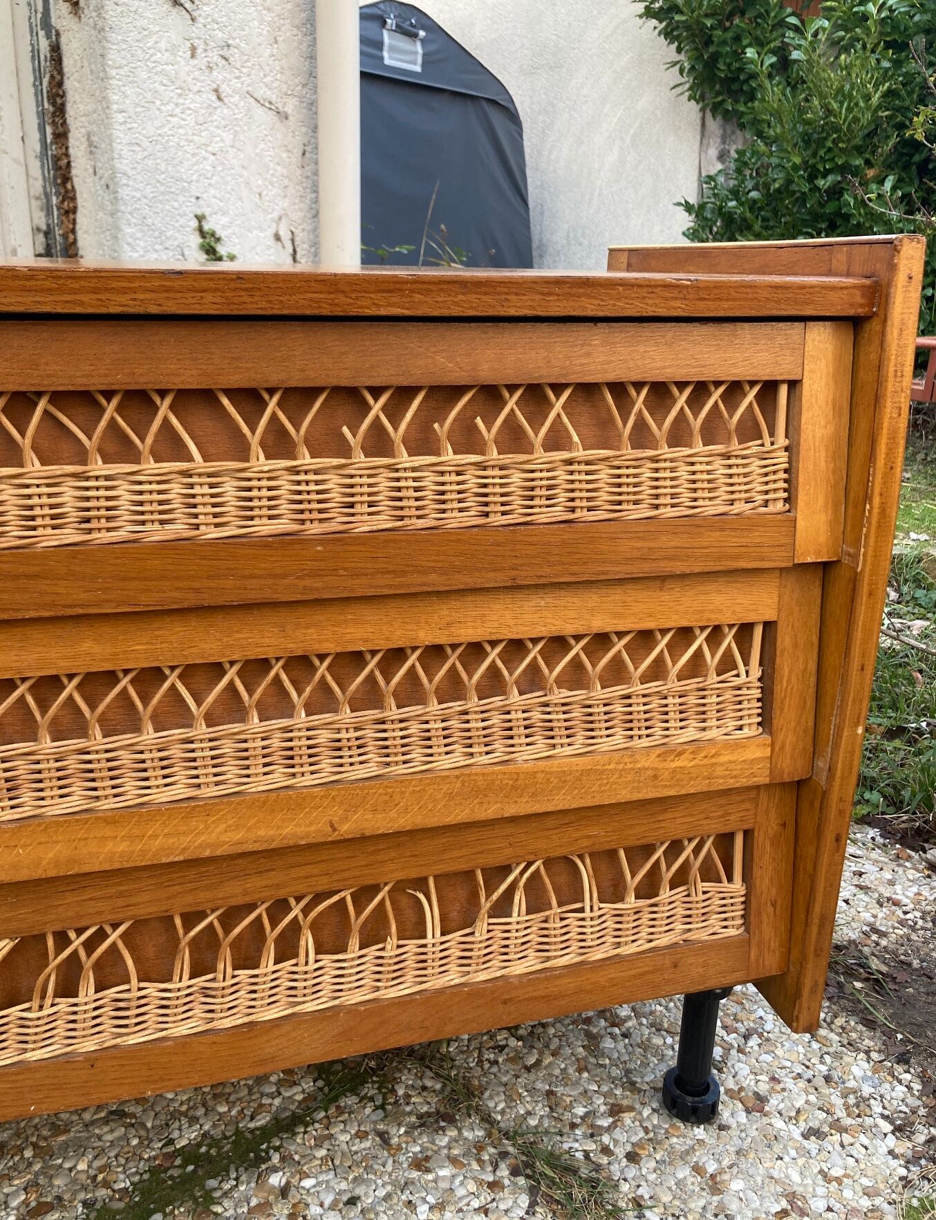 Rattan chest of drawers and vintage wood