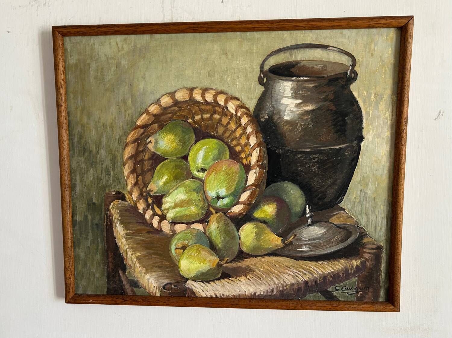 Nature morte aux poires de Suzanne Gueguen. Huile sur Panneau . Signature.