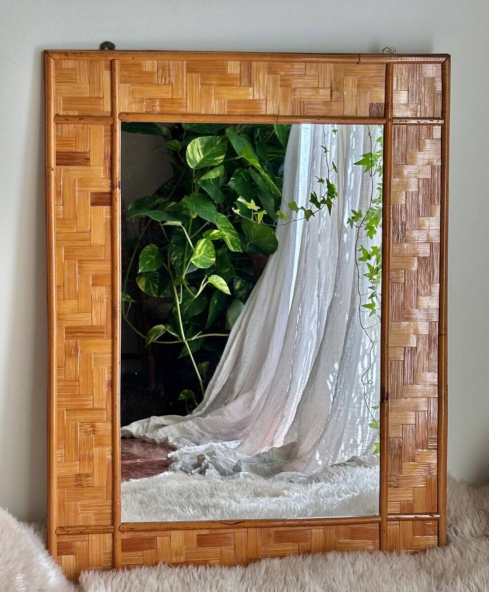 Italian mirror in woven rattan and sewn bamboo, 1970s