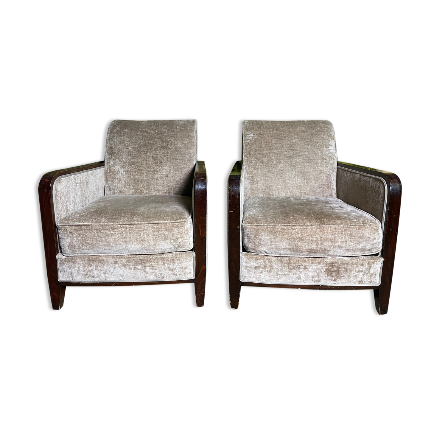 Pair of Art Deco armchairs in taupe velvet